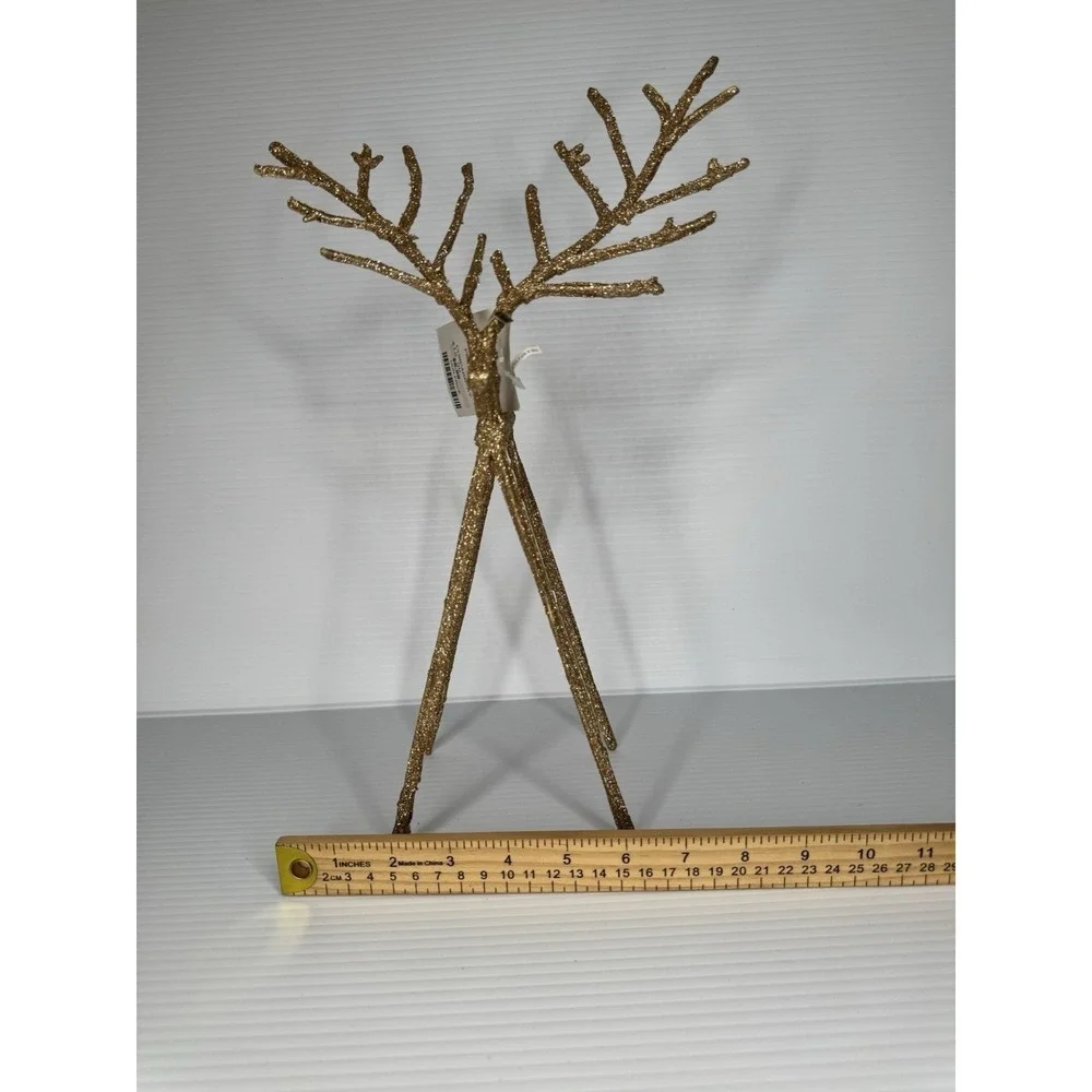 Set of 2 Gold Glitter Reindeer Figurines Tall Branch Antlers Christmas Decor
